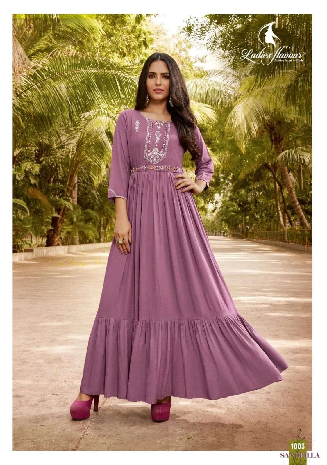 Ladies Flavour Sangrilla Heavy Rayon Rinkle Wholesale Fancy Long Gown Catalog — Wholesale Kurtis, MPA wholesale from Surat - Gallery Image 4